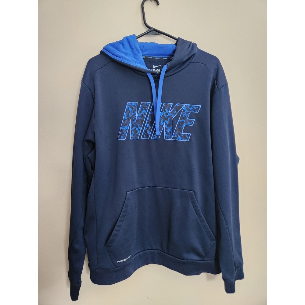Nike Therma Fit Hoodie‎ Navy Blue Camo Logo Pullover Mens XL Athletic